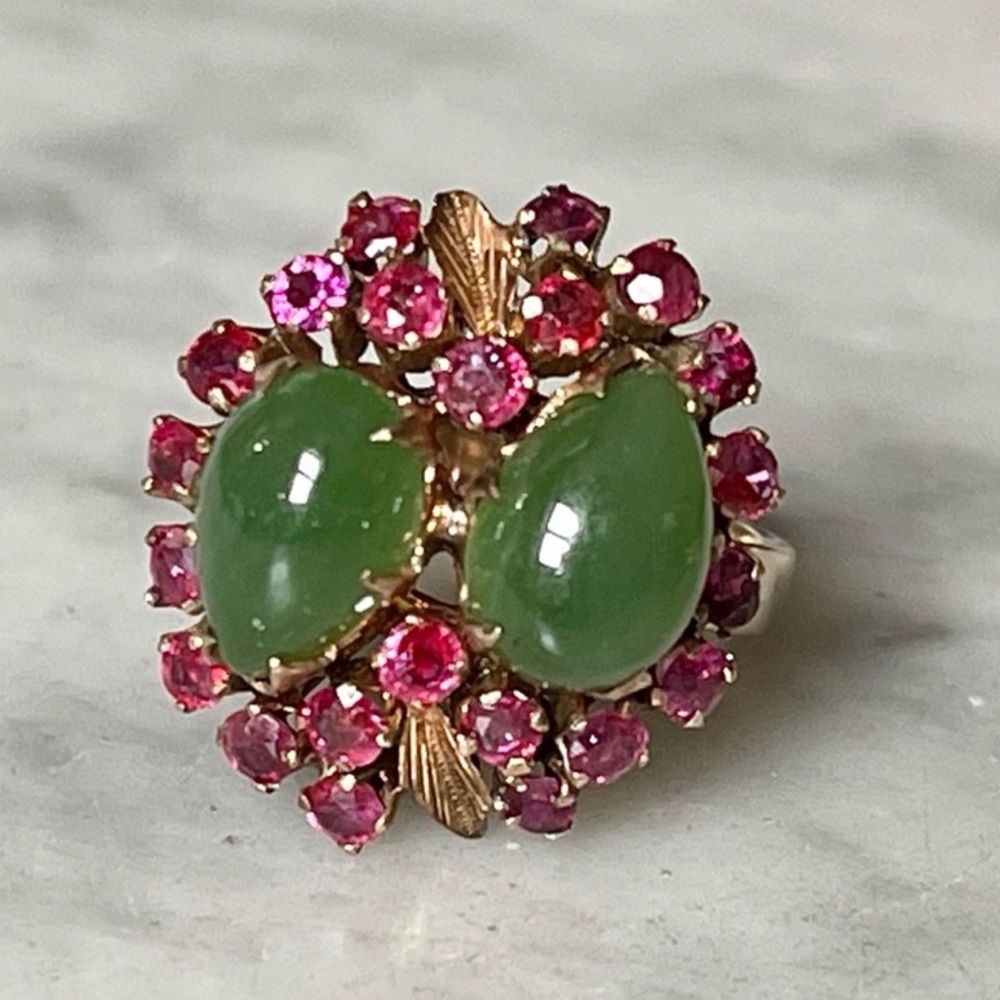 10k Vintage rose Gold ruby and Jade Moi et Toi ring - Picture 8 of 8